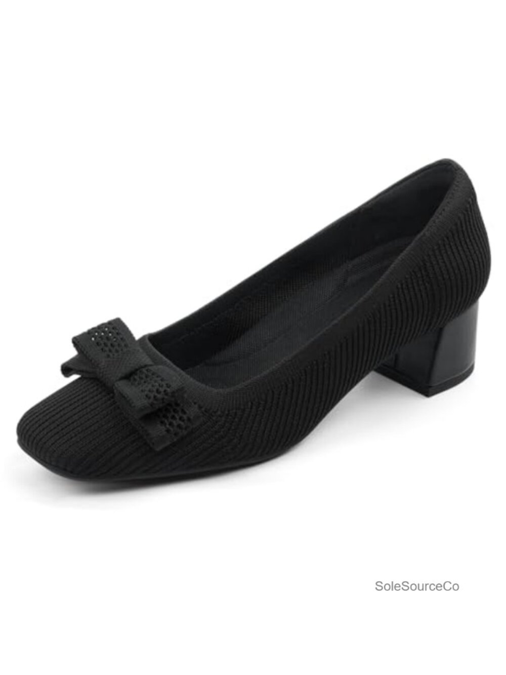 Women's Comfort Knit Low Chunky Block Heel Square Toe Pumps with Bow